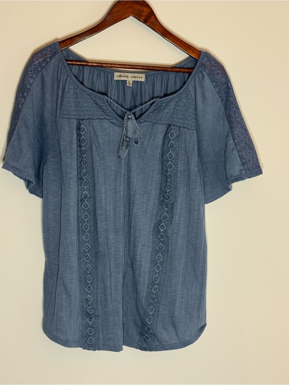 Absolutely Famous Dusty Blue Crochet-Trim Peasant Blouse